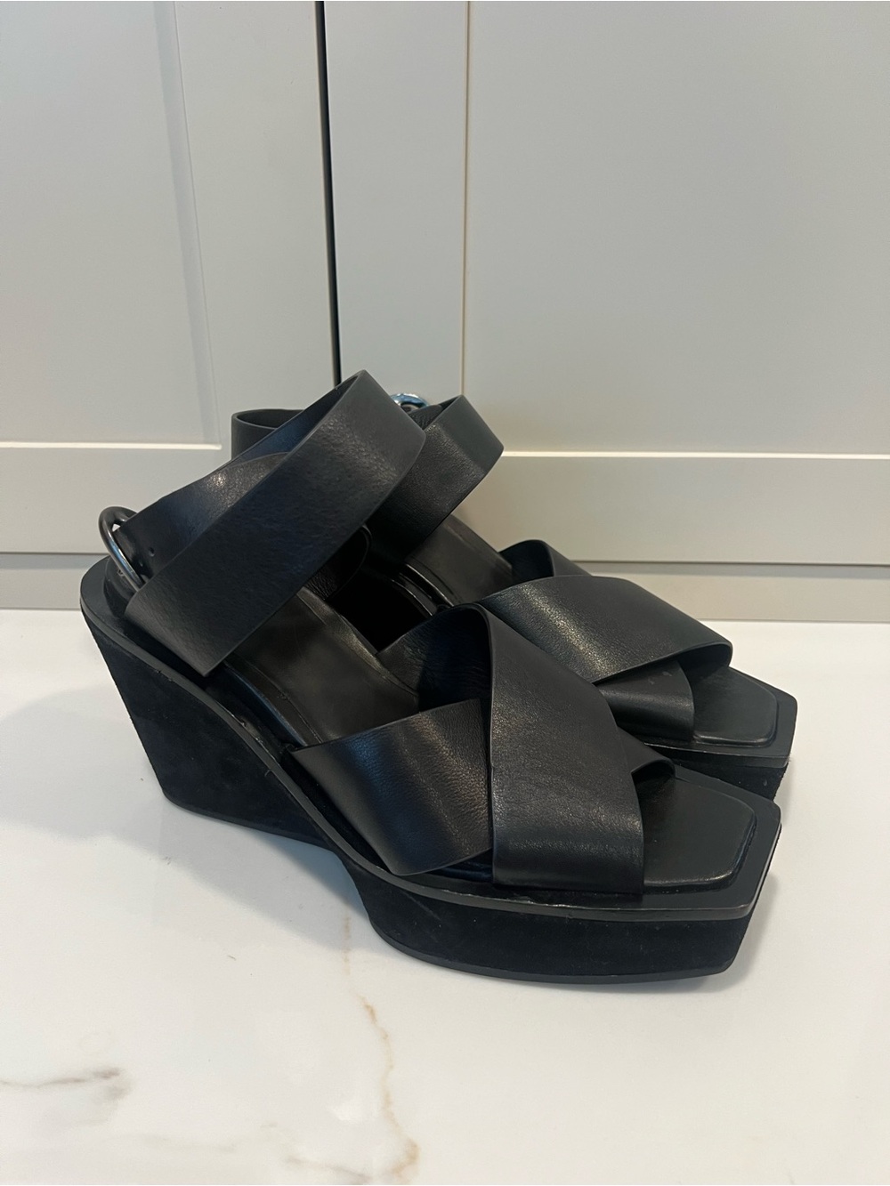 rag & bone Black Leather Crisscross Platform Wedge Sandals